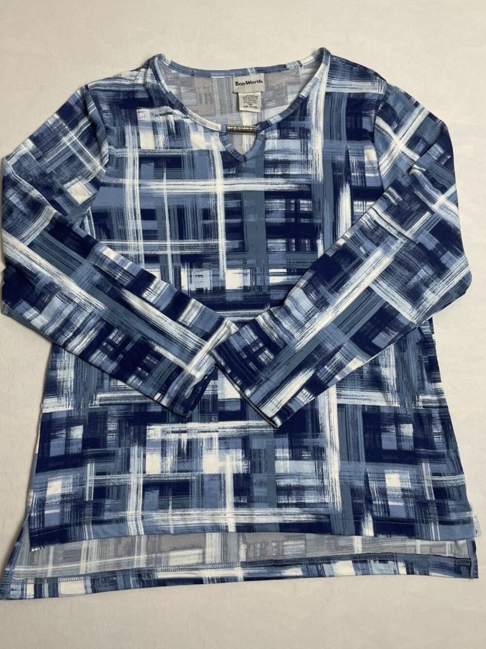Bon Worth  Women's Classic Tee Blue White Abstract Size SP Long Sleeve Cotton